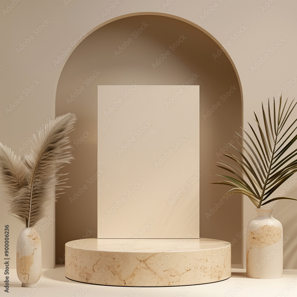 Poster clean square display podium with copy space on elegant beige background