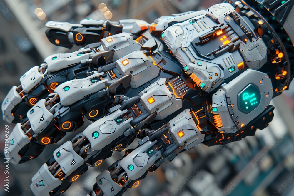 Poster mechanical robot hand with intricate details futuristic and technological setting advanced and innov