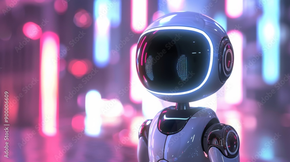 Poster humanoid robot with glowing face in a neon-lit cityscape. futuristic ai technology and urban setting