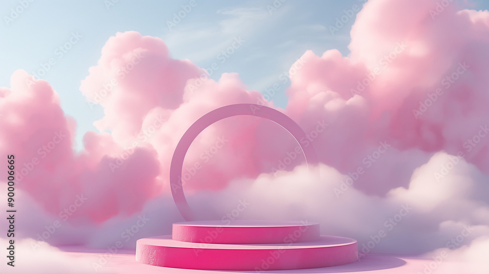 Poster dreamy pink 3d podium stage with cloudy sky background - minimal abstract product display scene rend