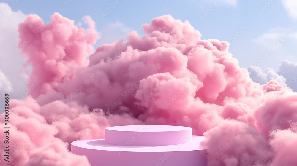 Poster ethereal pink 3d podium display with cloudy sky background render