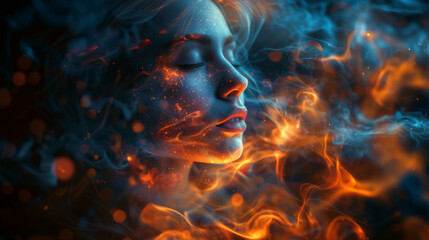 Woman with closed eyes surrounded by swirling blue and orange smoke in a surreal, fiery atmosphere