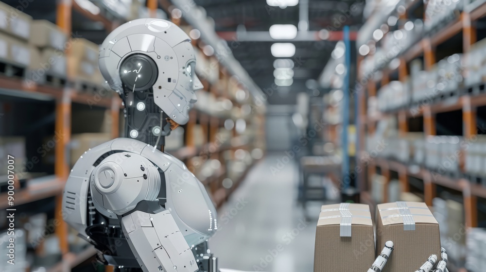 Aufkleber Humanoid robot handling packages in a warehouse. Concept of AI and robotics in logistics and automation.