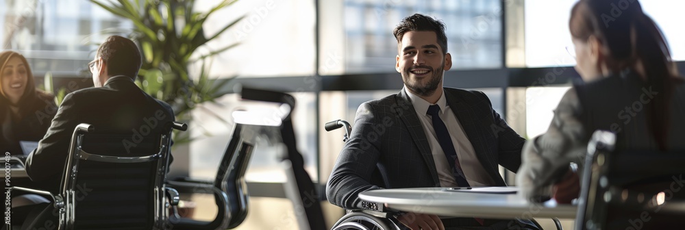 Poster Man in wheelchair in a bright office with colleagues. Emphasizing the importance of workplace accessibility and inclusion.