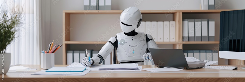 Poster Robotic assistant working at a desk with a laptop and papers. Advanced AI technology in an office environment