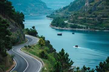 Serpentine road winding through a mountain valley alongside a serene lake.
