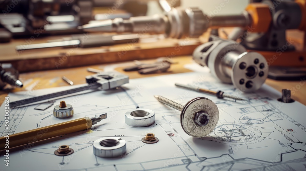 Poster Engineering tools and mechanical parts on top of blueprints in a workshop setting. Ideal for industrial and mechanical engineering themes.