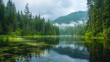 Fototapeta premium Beautiful landscape view of green summer forest with spruce and pine trees mountain, lake, river. Adventure travel nature background. Ecosystem ecology healthy environment - generative ai