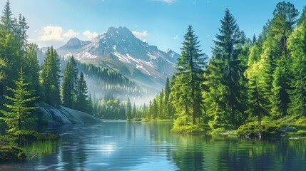 Beautiful landscape view of green summer forest with spruce and pine trees mountain, lake, river. Adventure travel nature background. Ecosystem ecology healthy environment - generative ai
