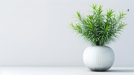 Green plant in vase on white background with text space Image has noise and grain