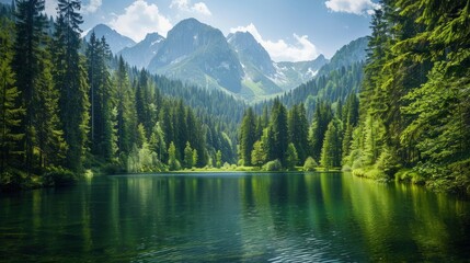Fototapeta premium Beautiful landscape view of green summer forest with spruce and pine trees mountain, lake, river. Adventure travel nature background. Ecosystem ecology healthy environment - generative ai