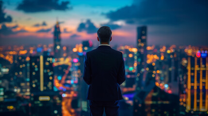 Businessman looking at city skyline during sunset. Urban professional in suit contemplating cityscape. Corporate success and ambition concept. Back view of executive in metropolis.