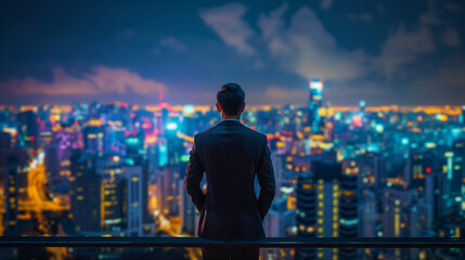 Businessman looking at city skyline during sunset. Urban professional in suit contemplating cityscape. Corporate success and ambition concept. Back view of executive in metropolis.