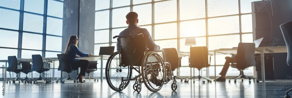 Poster professional man in wheelchair in office with large windows. emphasizing workplace diversity and equ