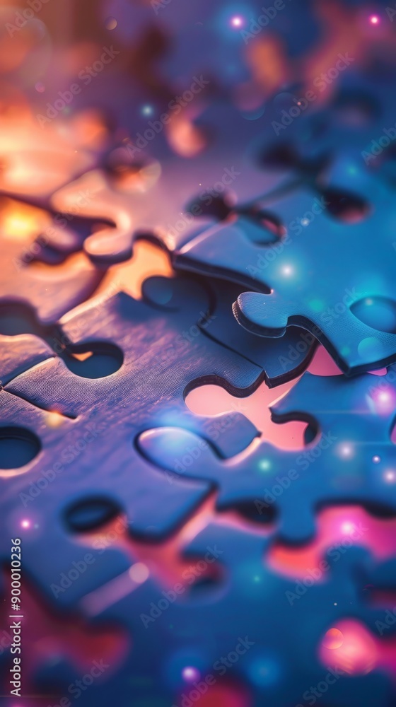 Poster close-up of colorful puzzle pieces with glowing effects. creative and imaginative concept.