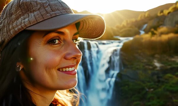 Close-up portrait video of a satisfied woman in her 30s that is wearing a cool cap or hat against a scenic hiking trail with a waterfall in the distance background