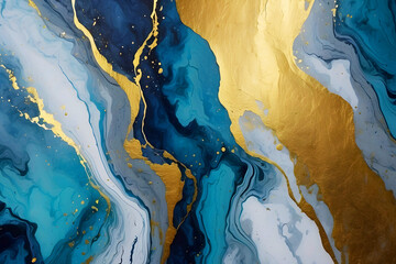 Obraz premium Blue background, marble abstract texture, gold watercolor, gray, white, and dark paint luxury Background: fluid ink gradient water wash art on a silver-blue wall.