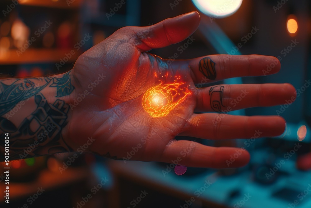 Poster hand holding a glowing orb in a dark setting mystical and magical atmosphere vibrant and enchanting 