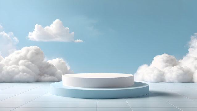 Podium stand light minimal cloud background studio dreamy pedestal smog backdrop. Cloud background podium blue 3d product sky white display platform render abstract stage pastel scene
