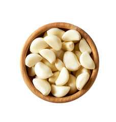 peeled cloves fresh garlic in a wooden bowl isolated on white background, top view.