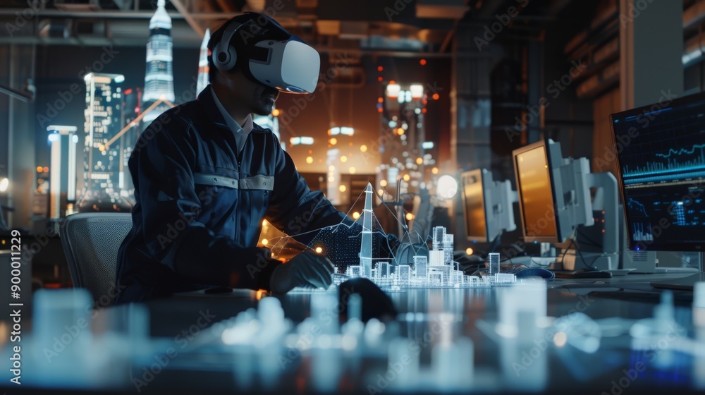 Poster Engineer using VR headset to design virtual city model in futuristic office. Advanced technology and urban planning in digital environment.