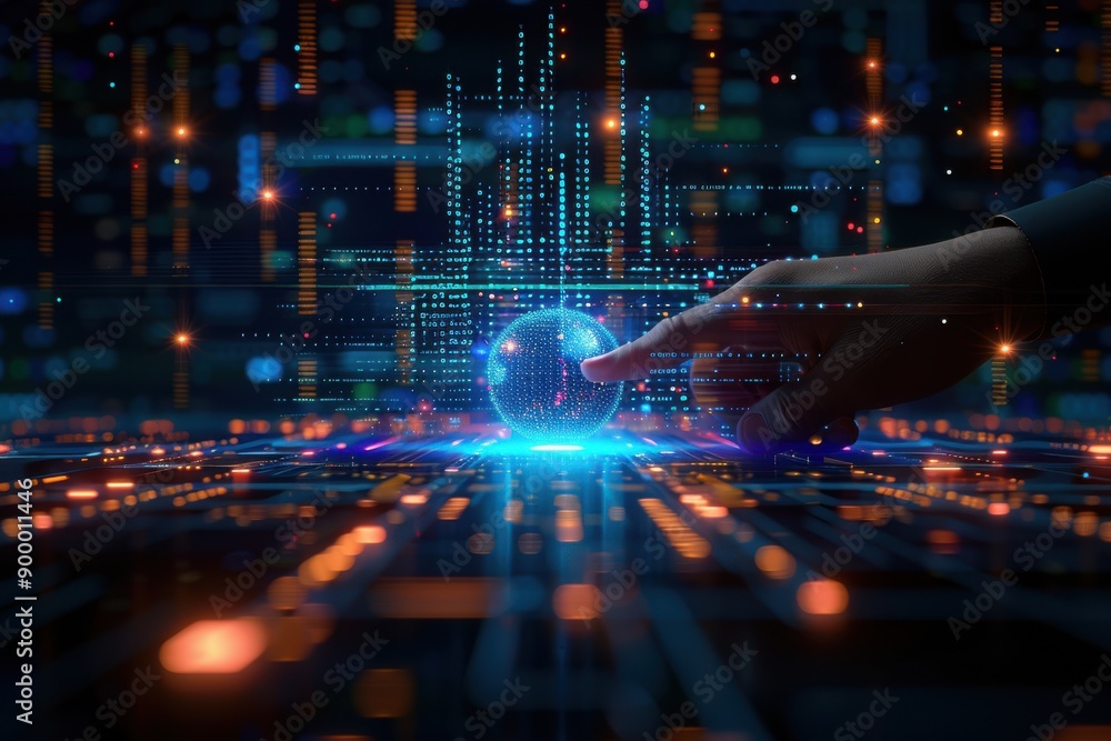 Poster A futuristic digital hand reaching out to touch a holographic globe, symbolizing global connectivity and technology. The scene is set against a backdrop of digital data and vibrant colors.