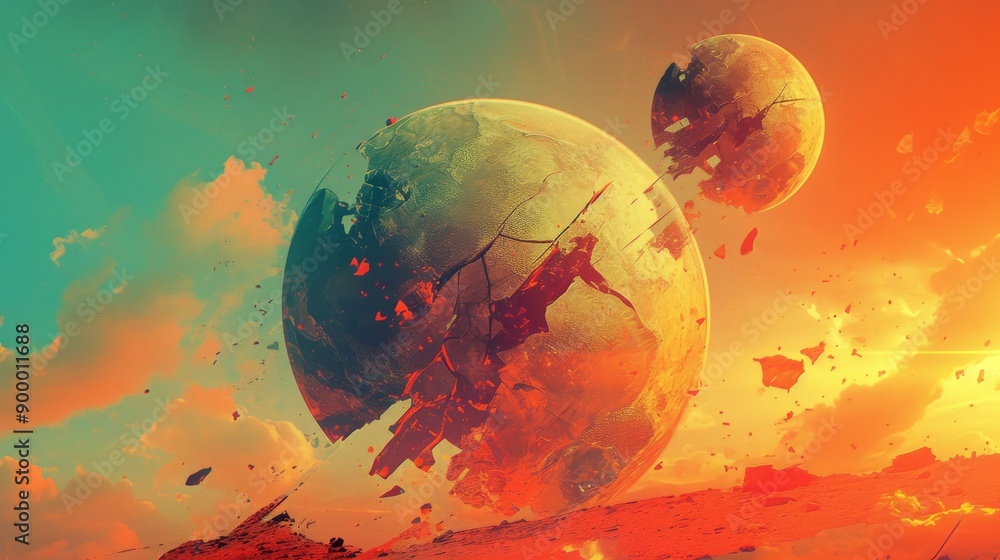 Poster a dynamic digital artwork depicting two planets exploding in a vibrant cosmic setting. the rich colo