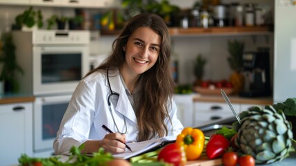 Female nutritionist writing in a notebook surrounded by fresh vegetables in a kitchen. Perfect for diet planning and nutrition consulting