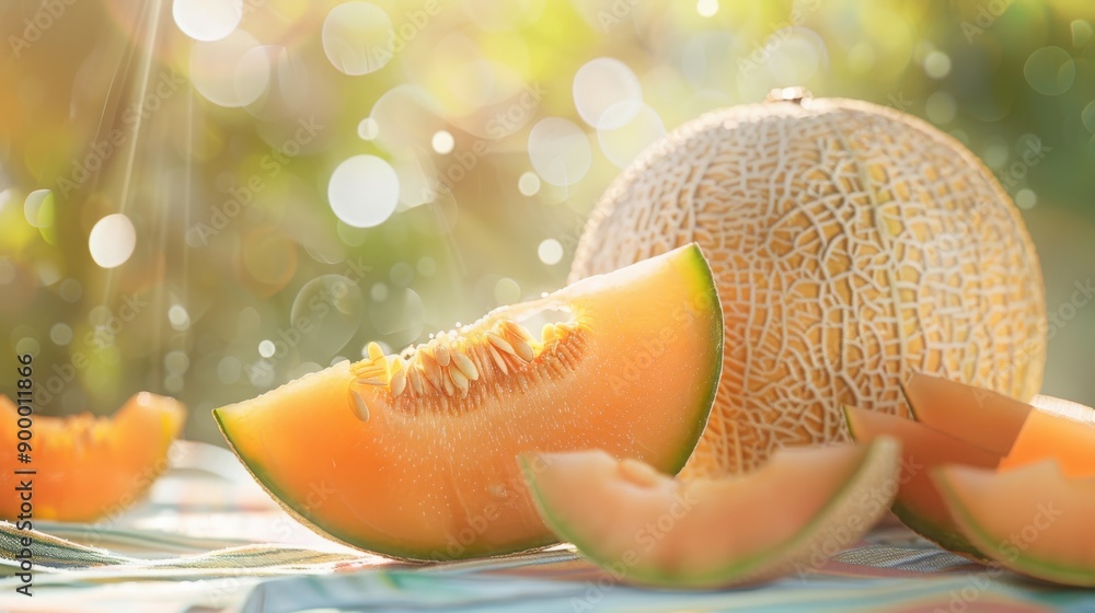 Wall mural Fresh cantaloupe melon slices on table. Ripe melon with seeds. Concept of healthy food, diet, vitamins, summer, and refreshment.