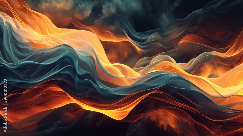 Poster vibrant and flowing waves of fiery orange and teal create a dynamic and abstract digital art piece. 