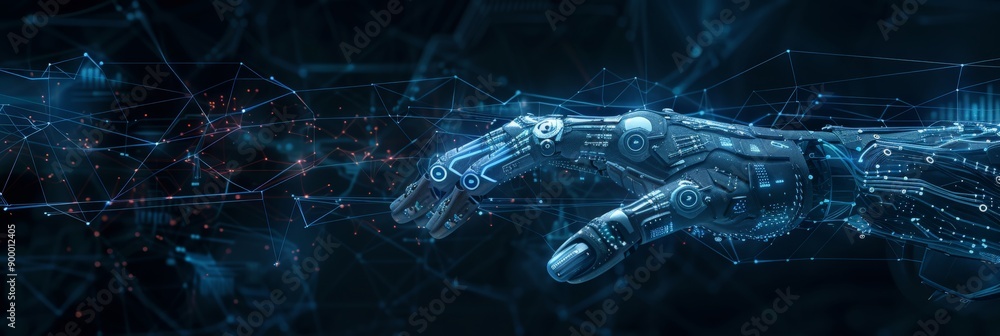 Poster robotic hand reaching out with a network of connections, representing technology and innovation. gre