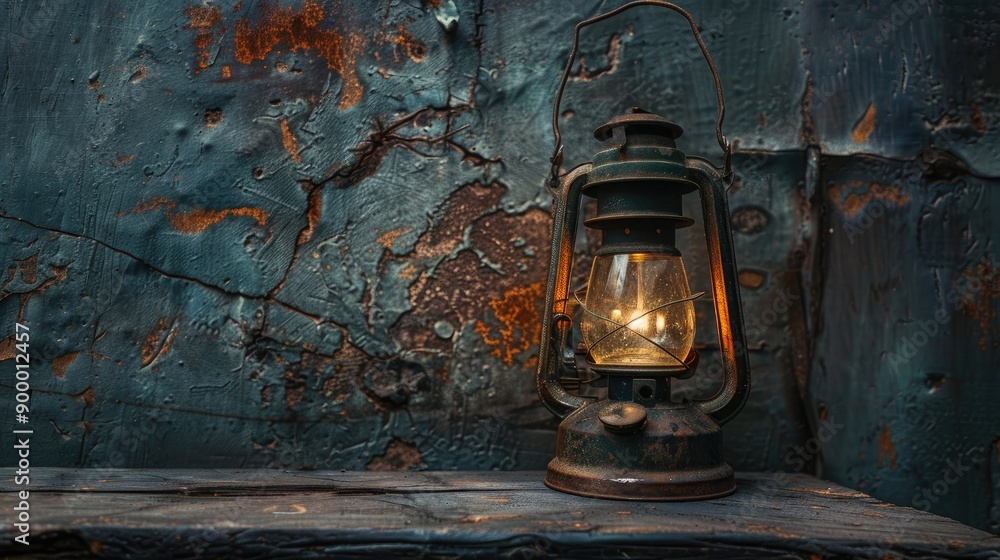 Wall mural still life photography oil lantern on antique steel surface