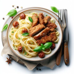 Golden pasta linguine with crispy fried chicken liver isolated on a white background