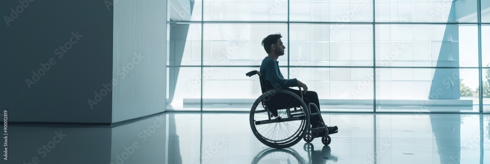 Aufkleber Man in wheelchair navigating a spacious and bright office building hallway. Emphasizing accessibility and ease of movement.