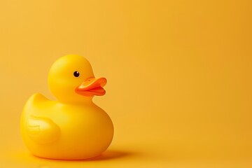 A yellow rubber duck toy sits on a yellow background