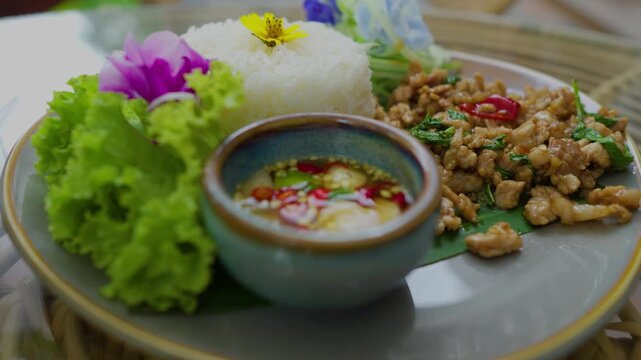 Roasted chicken meat with spicky sauce and rice on ceramic plate.