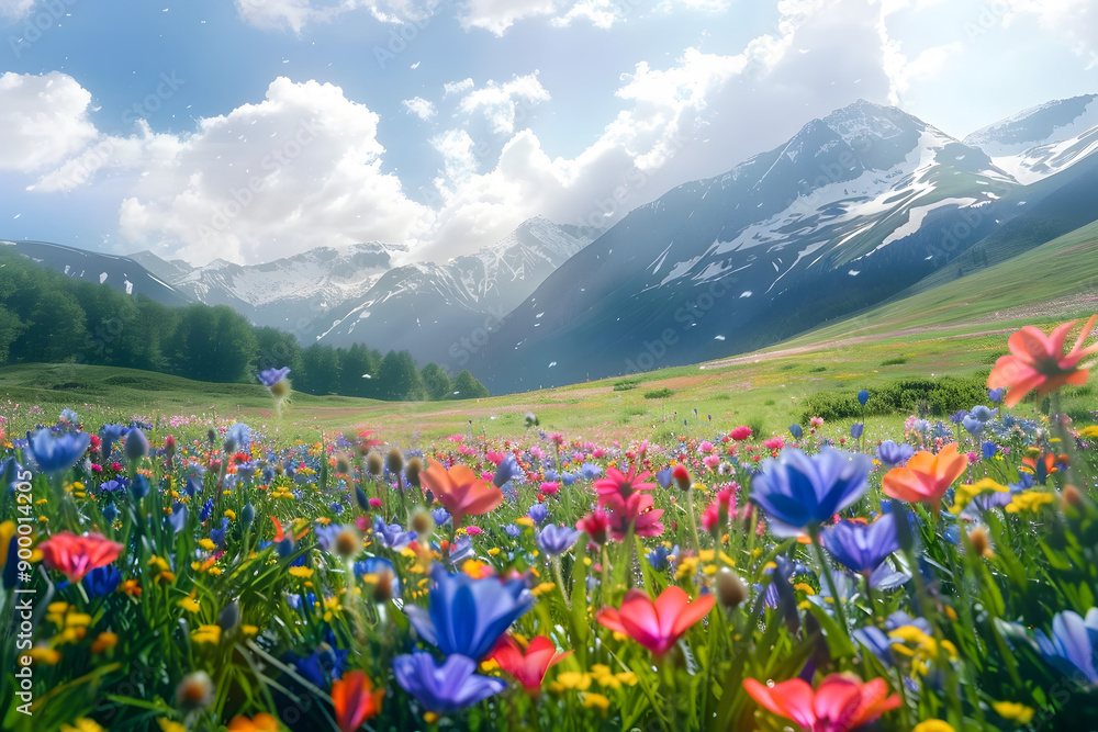 Wall mural colorful spring flower field landscape mountain outdoors.