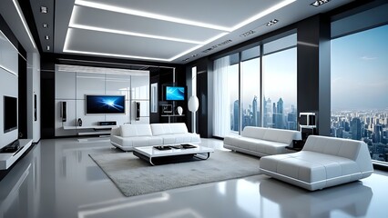 Fototapeta premium Modern living room with city skyline view.