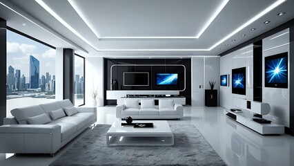 Fototapeta premium Modern living room with white furniture, city view and flat screen TV.