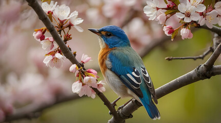 Obraz premium Blue-winged Warbler Perched on a Branch with Pink Flowers