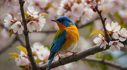 Fototapeta premium A Colorful Bird Perched on a Branch Among Pink Blossoms
