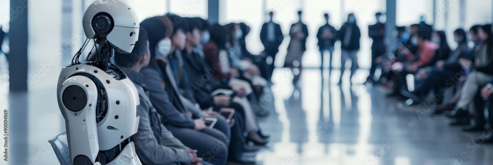 Aufkleber robot attending a business conference, blending in with human participants. future of ai and its rol