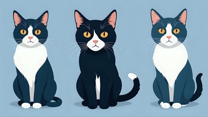 Fototapeta premium Three black and white cats sitting in a row, looking at the camera.