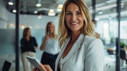 Fototapeta premium Smiling confident business leader looking at camera and standing in an office at team meeting. Portrait of confident businesswoman with colleagues in boardroom. Using digital tablet - generative ai