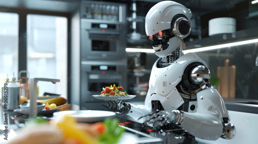 Poster Humanoid robot presenting a dish in a high-tech kitchen. Advanced culinary skills and AI.
