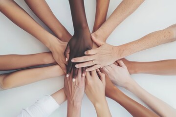 Diverse hands stacked together in a gesture of unity vibrant and collaborative setting inclusive and supportive atmosphere