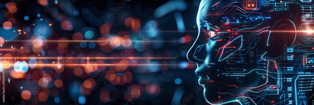 Aufkleber Profile of a humanoid robot head with complex circuitry and glowing elements. Symbolizes advanced artificial intelligence and futuristic technology.