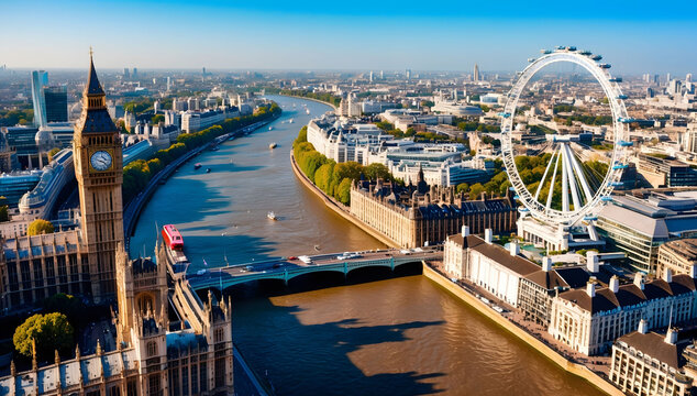 Aerial View of London with Big Ben, River Thames, and the London Eye