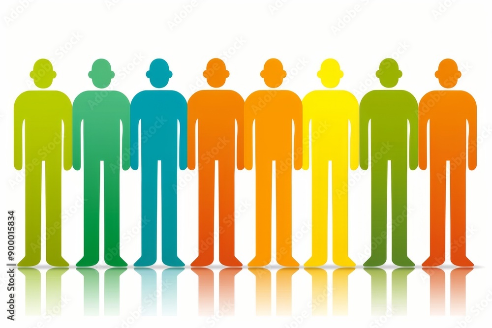 Poster colorful figures of people in a line vibrant and dynamic setting artistic and inclusive atmosphere