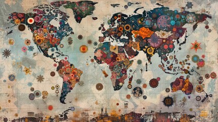 A World Map Composed of Intricate and Colorful Floral Patterns